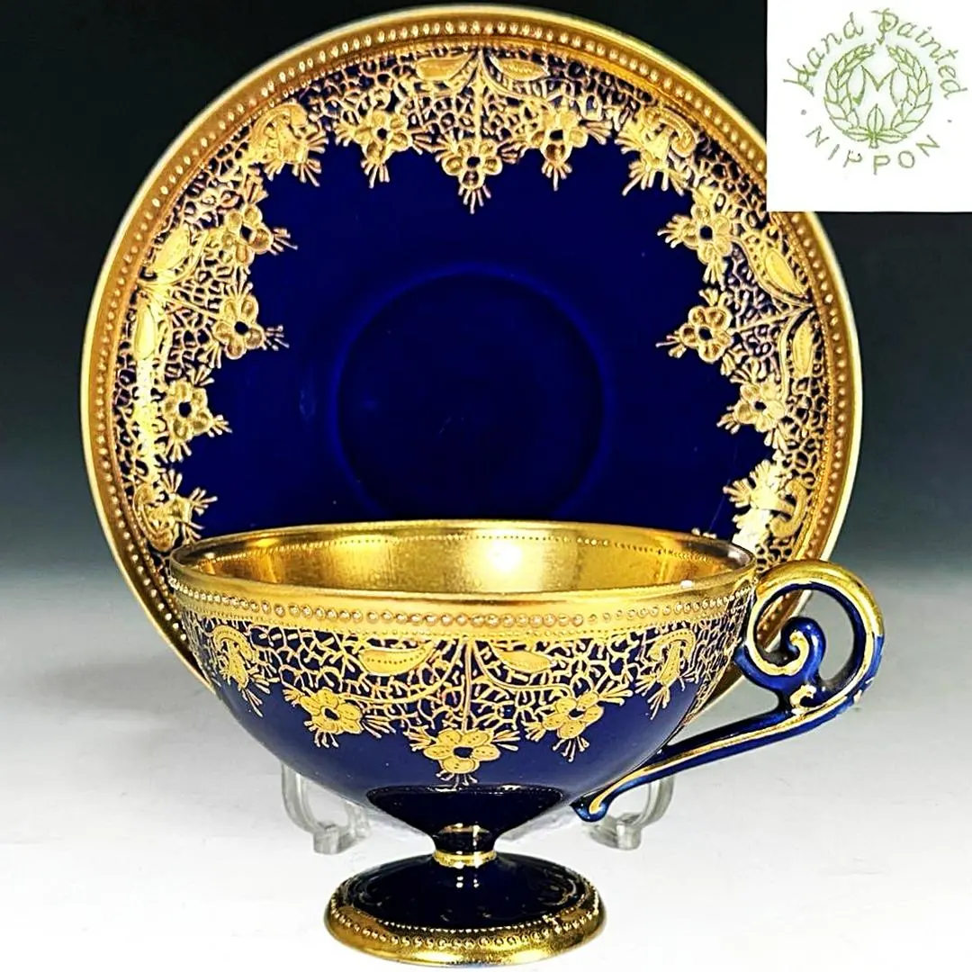 逸品■オールドノリタケ コバルト 金盛 レース装飾 ペディスタル カップソーサー