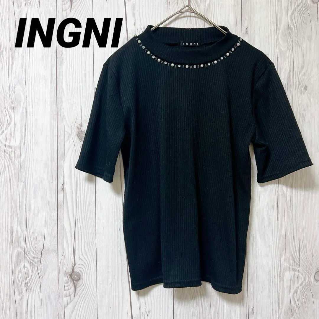 【イング】半袖リブニット　ビジュー　黒　トップス　オフィスカジュアル　M