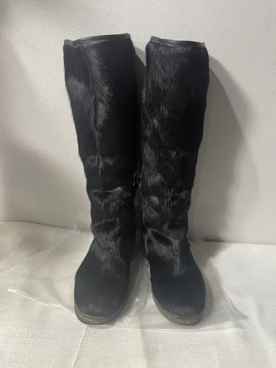 美品リアル本物ハラコ黒ブラックブーツぺたんこ23.5cmレディース