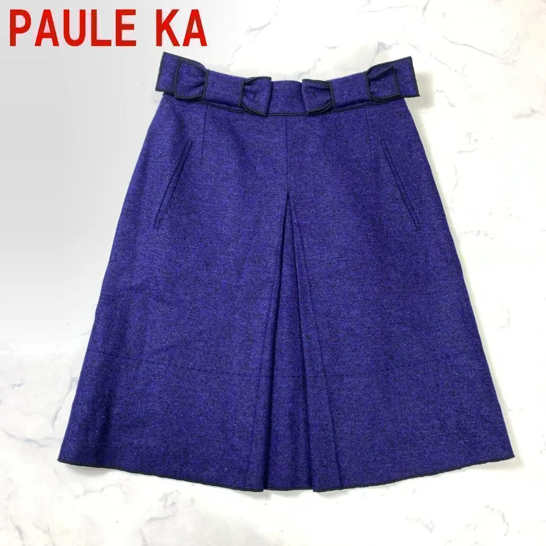 A1184 ポールカ 膝丈スカート ウール シルク リボン 裏地あり 青 36