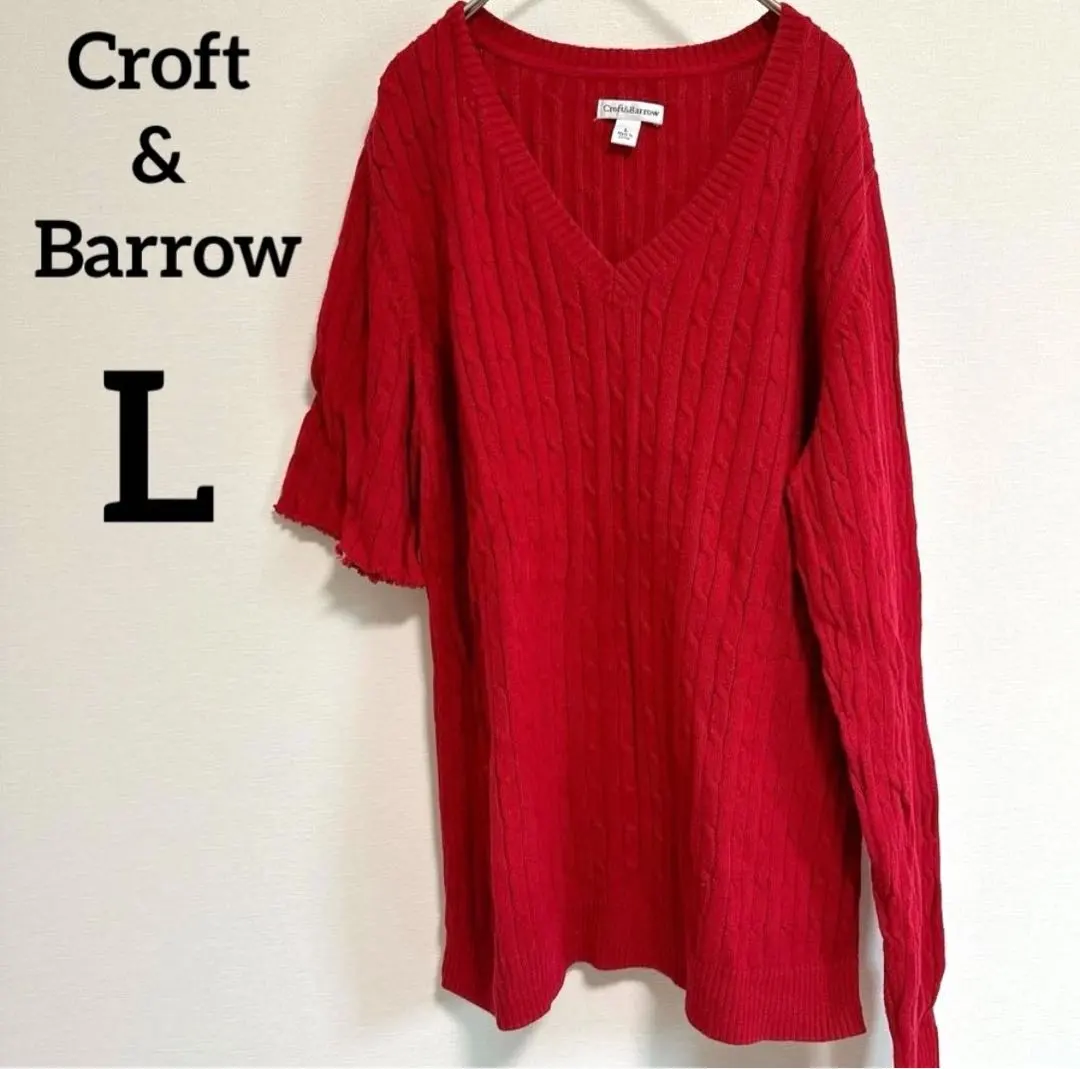 Croft&Barrow （L）赤 ケーブルニット Vネック半袖、長袖セーター