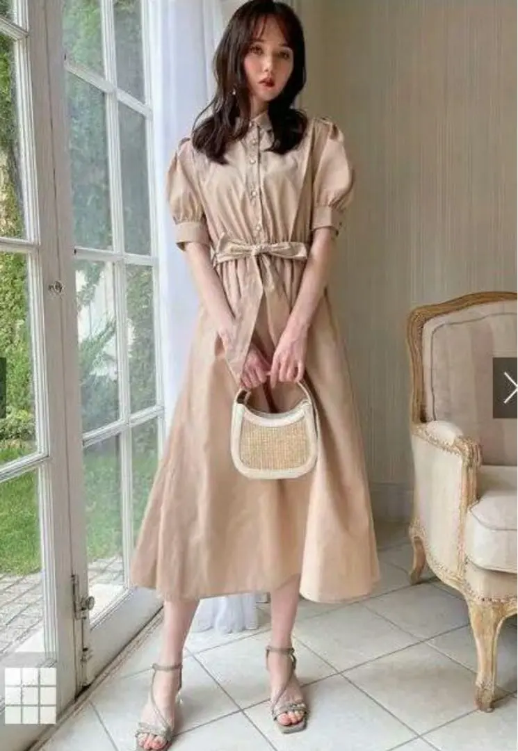 リボンベルト付き肩タックシャツワンピース