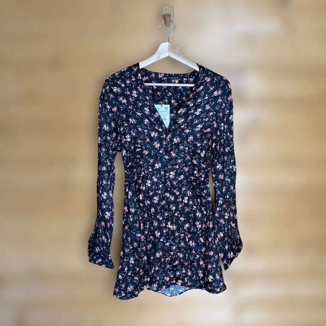 ZARA 花柄　シャツ　ワンピース　ブラック