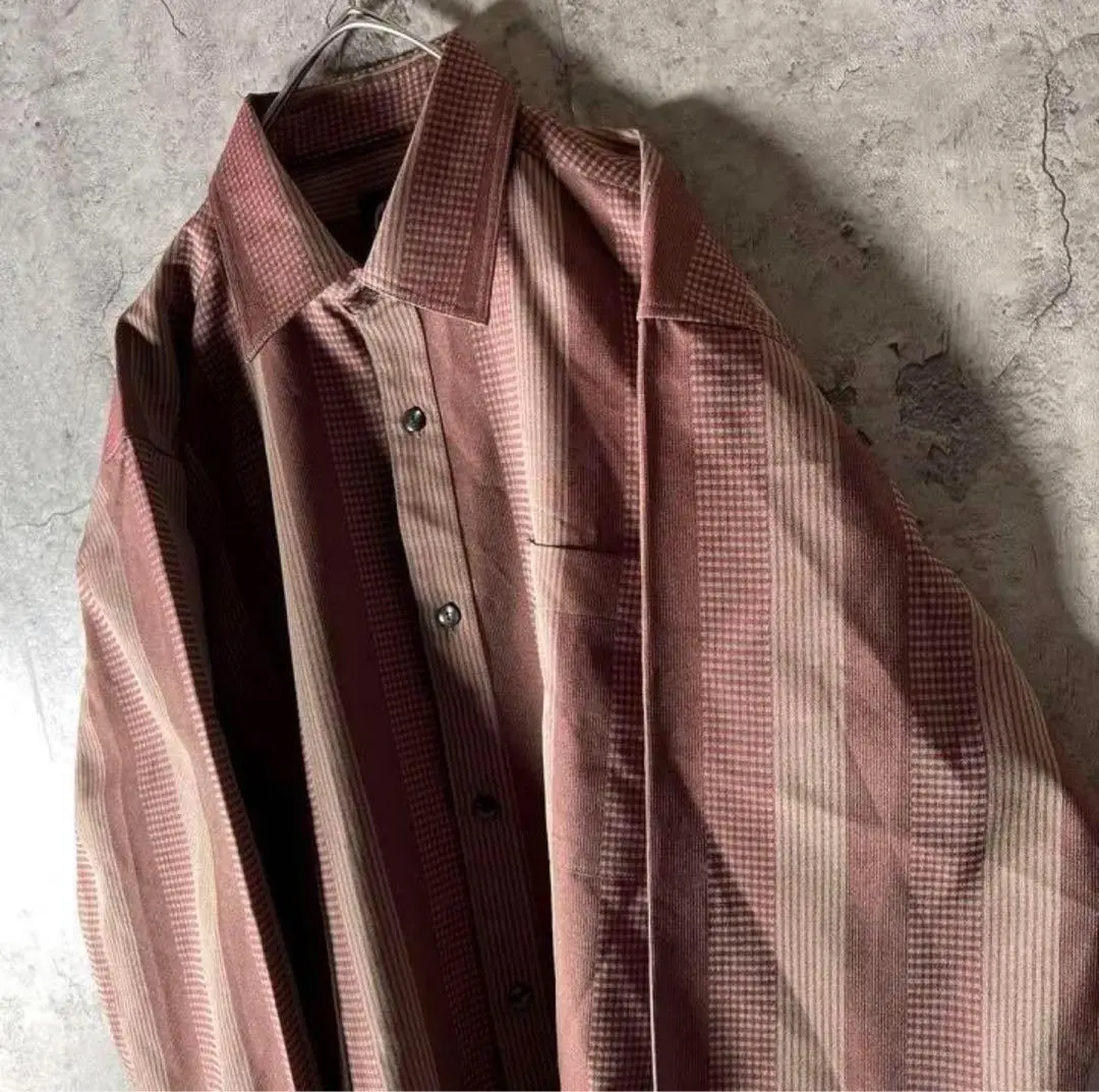 レトロデザイン★長袖ポリシャツ ストライプ さつまいも 太アーム 日本製 M〜L