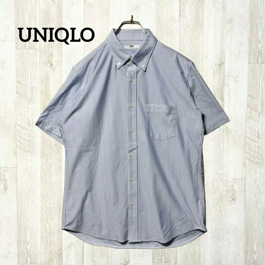 UNIQLO 半袖シャツ L 青 ブルー 白 ホワイト ストライプ ボタンダウン