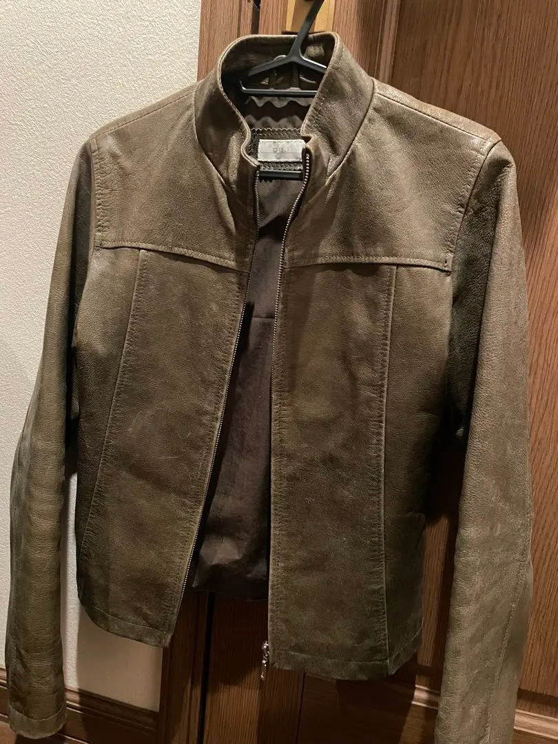 オリーブグリーン レザー シングルライダースジャケット 牛革100%