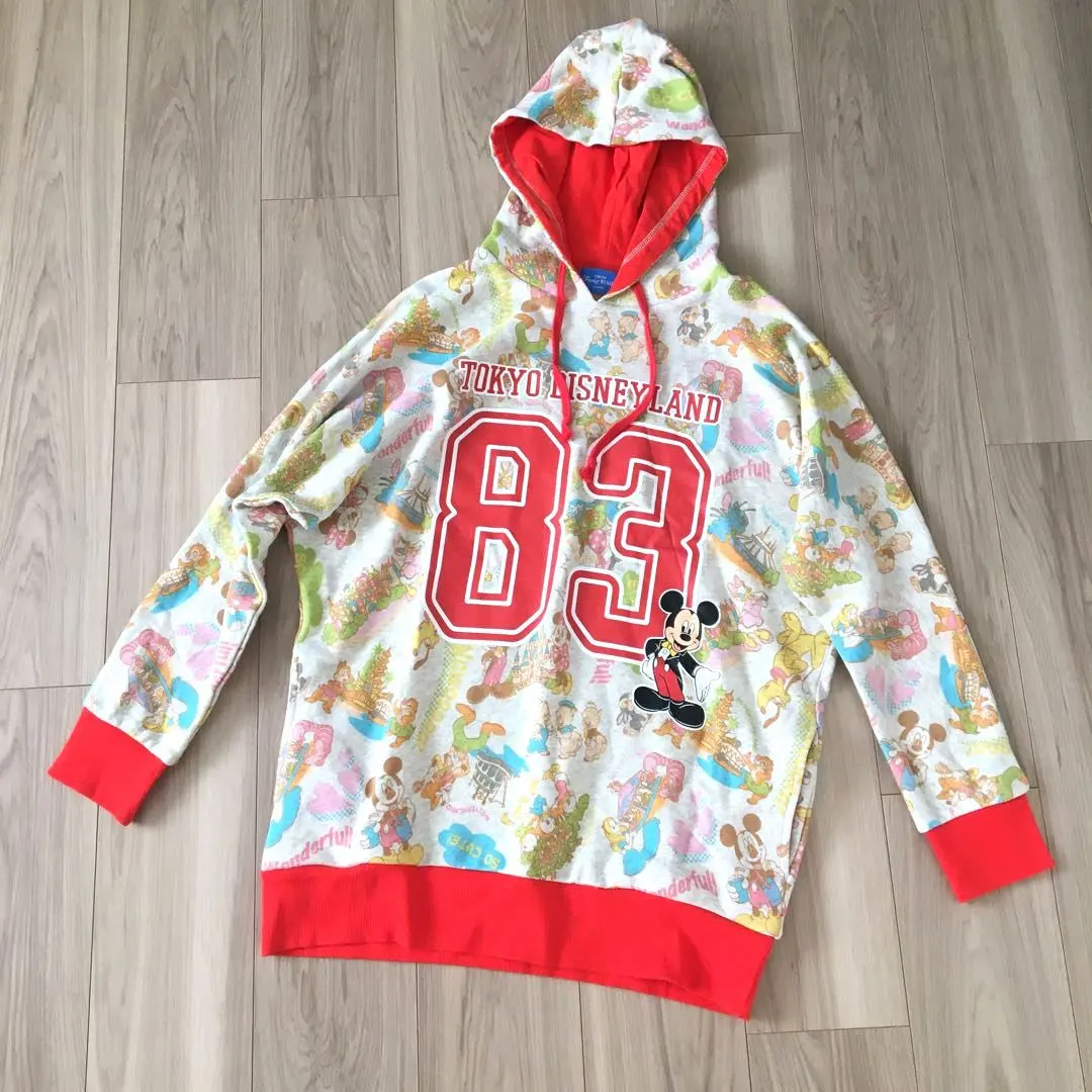 未使用 タグ付 東京ディズニーランド 総柄 スウェット 83 パーカー Sサイズ