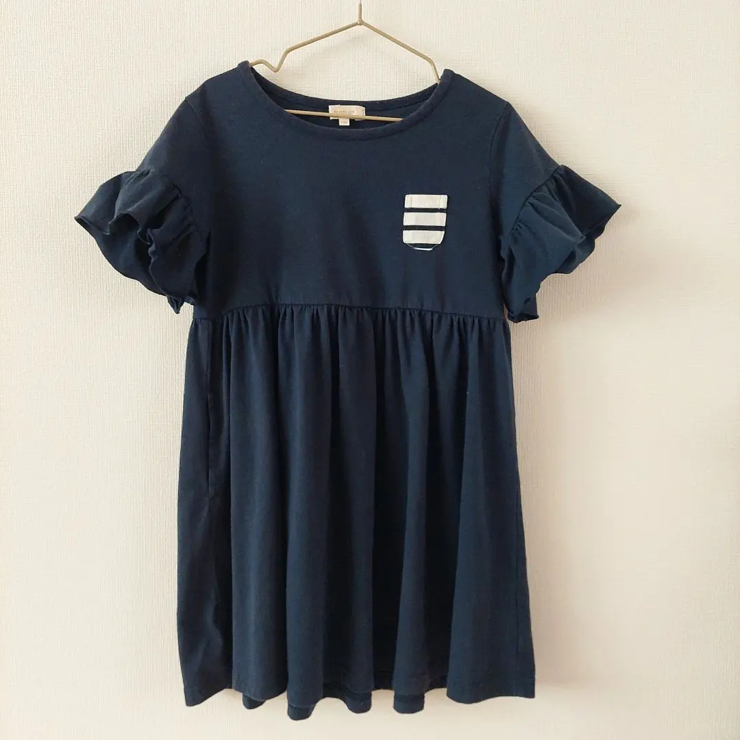 最終値下！HusHusH ネイビー フリル袖 ワンピース 130cm ガール