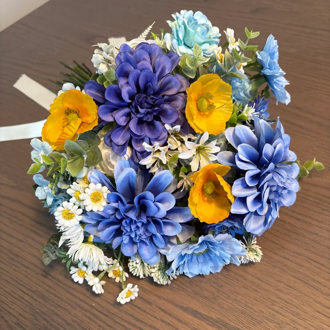 ウェディングブーケ　ブルー・イエロー(ヴェール付き)