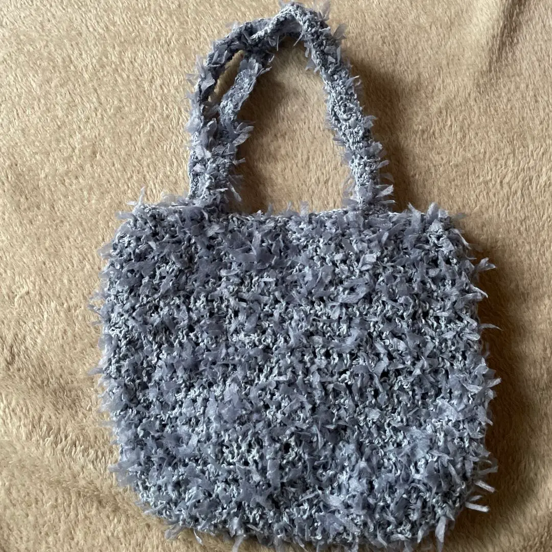 ハンドメイド ファー風グレー ハンドバッグ チェック柄