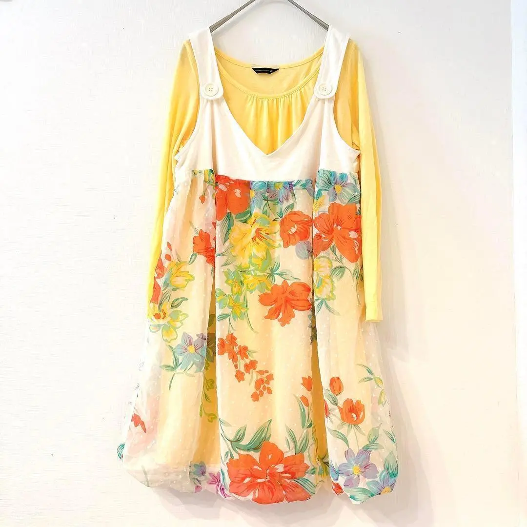 バルーンチュニック　M イエロー 花柄　総柄　トップス　重ね着風　カジュアル