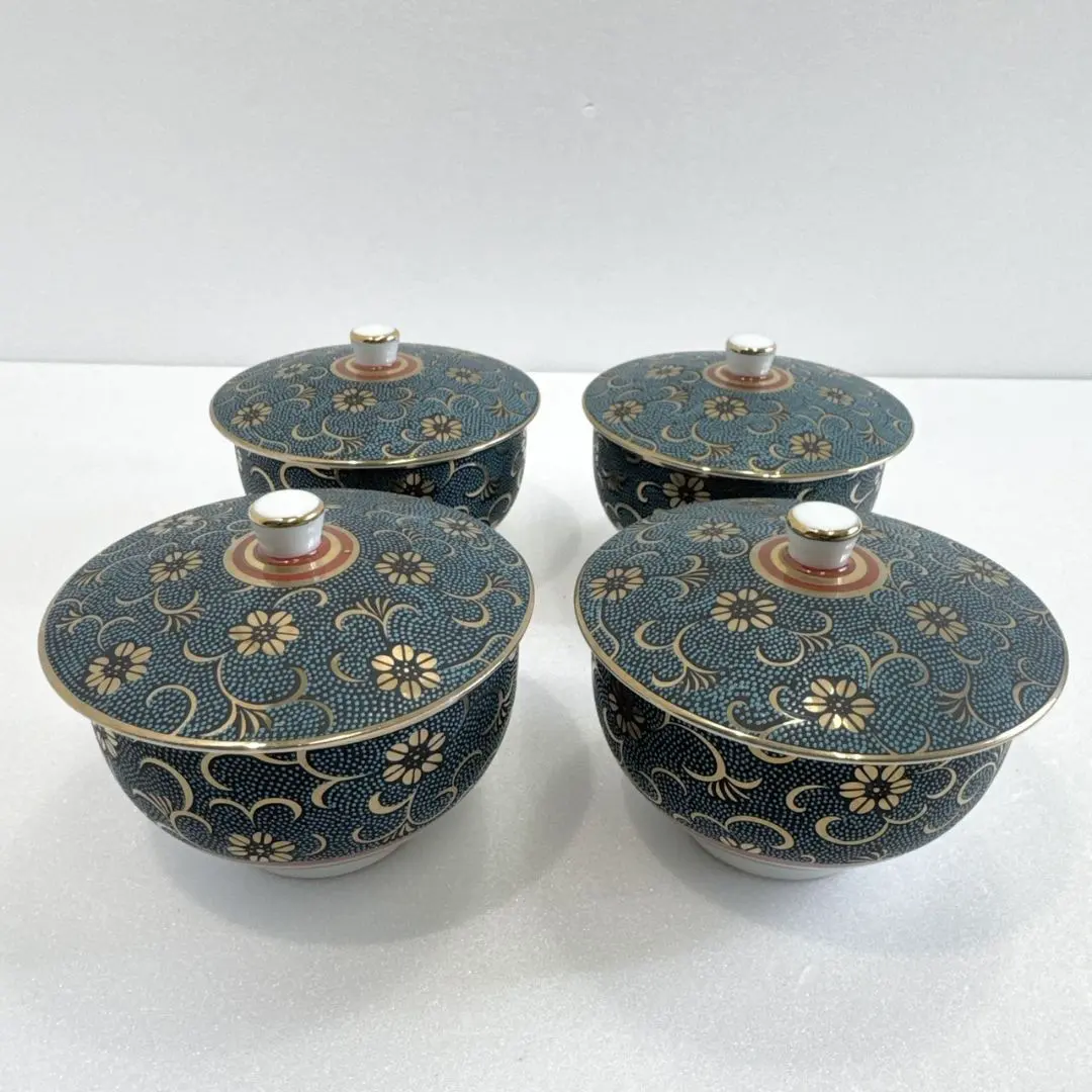 九谷焼 秋峰 蓋付汲出茶碗 湯呑み 湯飲み レトロ 花柄 花模様 金彩