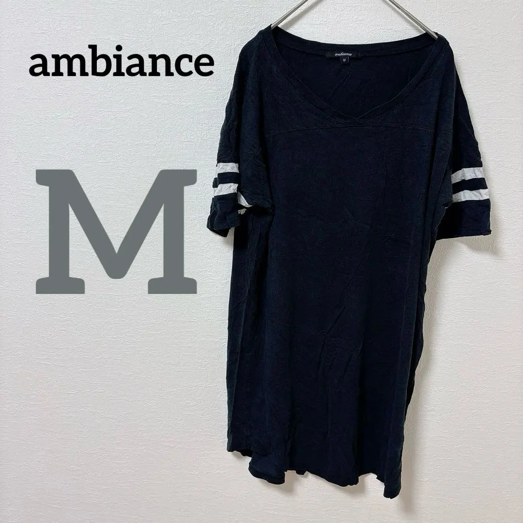 ambiance【M】半袖チュニック Vネック ストライプ Tシャツ