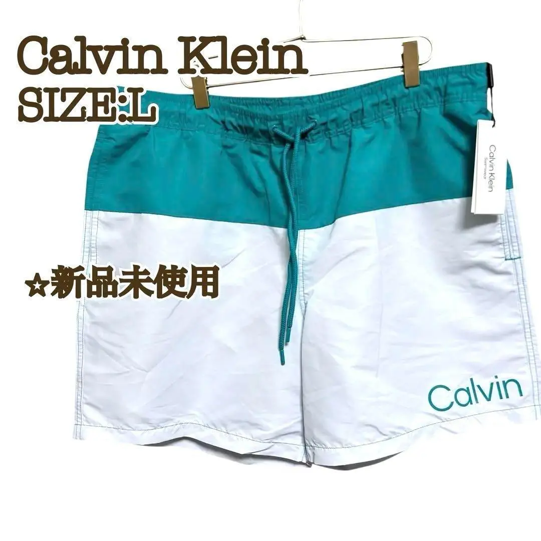 【新品】カルバンクライン 水着 ショーツ メンズ 白×青緑ツートーン　L