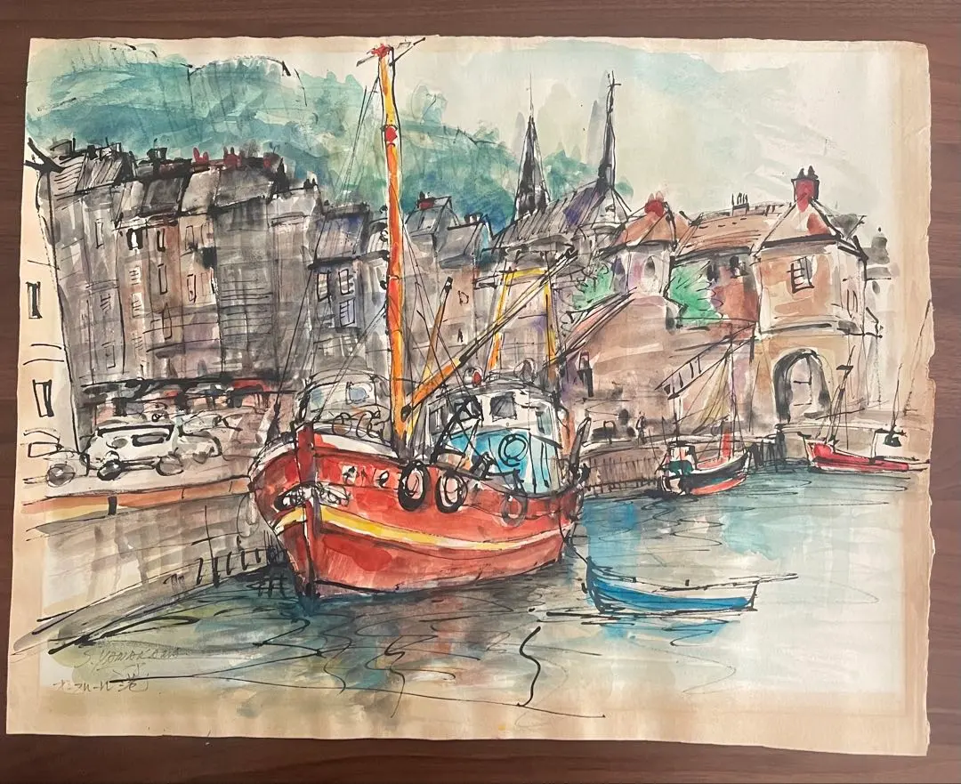水彩画　風景画　原画　オンフルール港　49㎝×63㎝　※訳あり