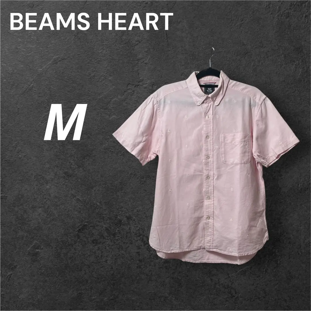 BEAMS ピンク M 半袖 シャツ 柄 イカリ刺繍 コットンTシャツ パステル
