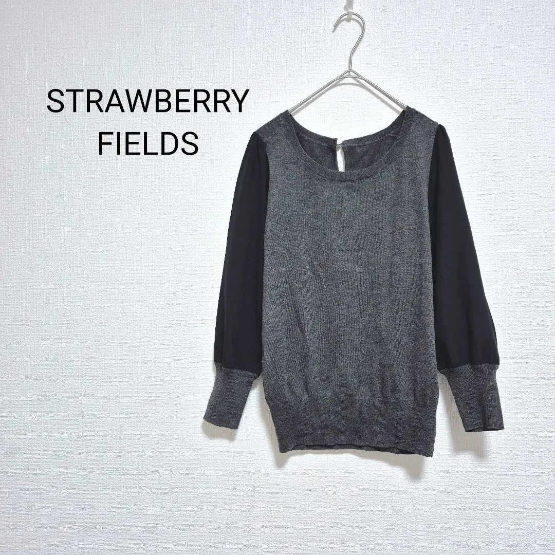 ストロベリーフィールズ　異素材薄手ニット　シフォン袖　グレー　ブラック　七分袖