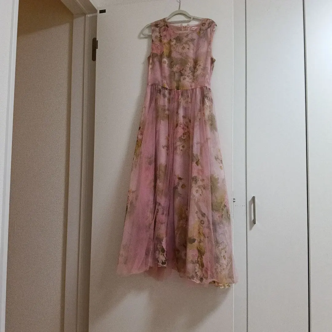 ピンク 花柄 ノースリーブ ロングワンピース