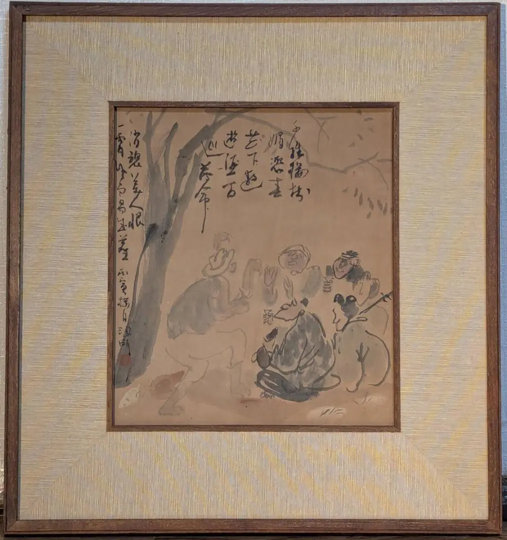 【真作】絵画　日本画（色紙）　酒席の賑わい　文人墨彩画　漢詩と人物群像　Y74