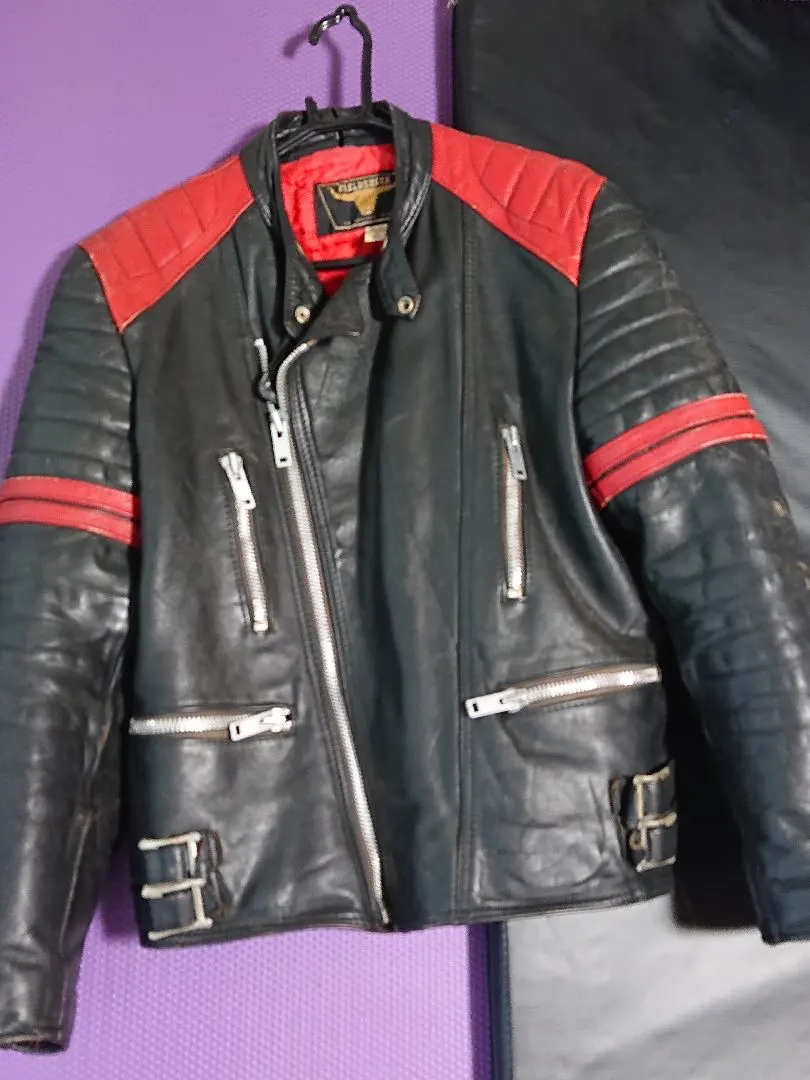 レザー シングルライダースジャケット ブラック/レッド