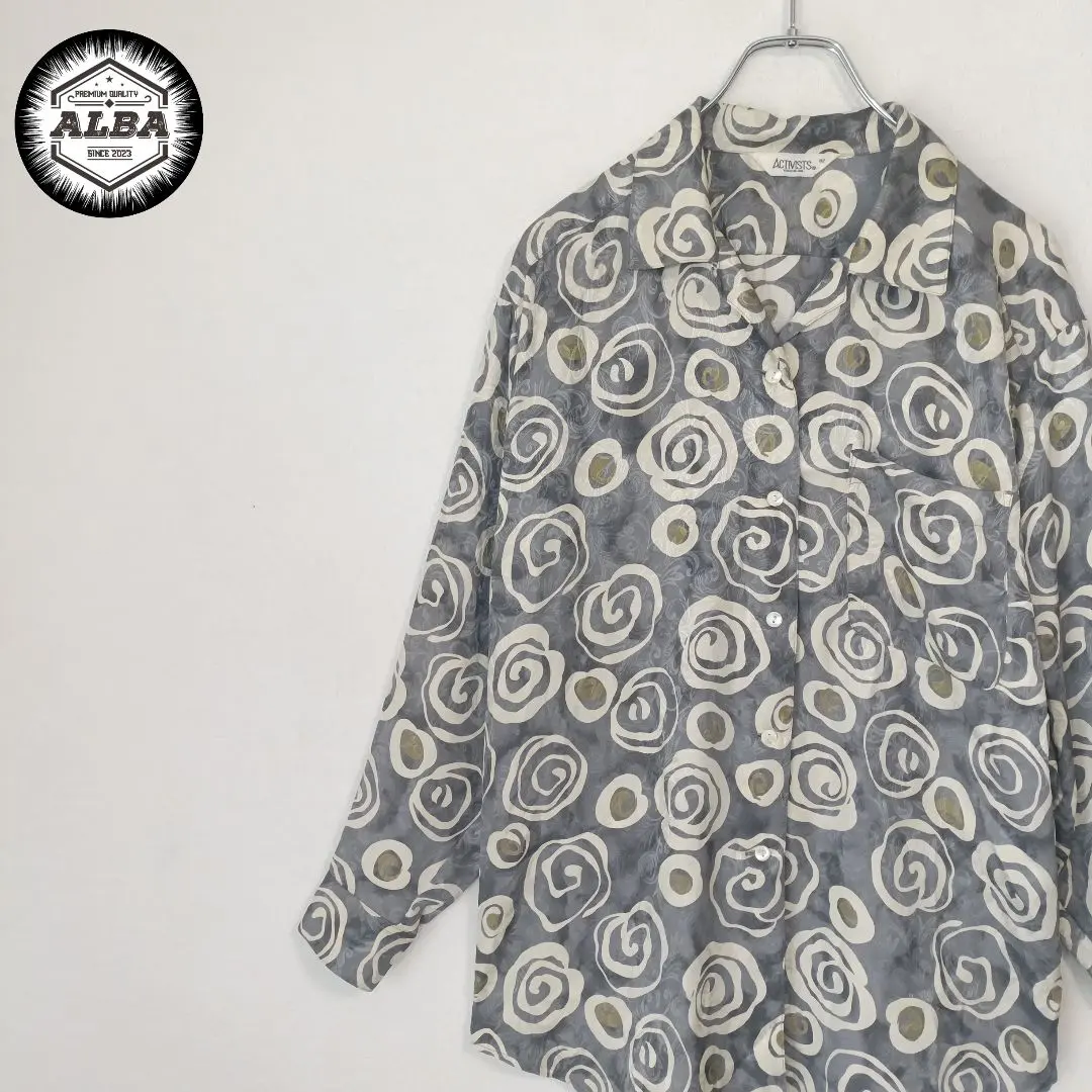 デザインシャツ　アートデザイン　ペイズリー柄　テロ感　銀　シルバー　開襟　長袖